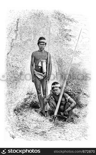 Indians of the Town of San Miguel in Amazonas, Brazil, serving as escorts of Santa Cruz, drawing by Riou from a photograph, vintage engraved illustration. Le Tour du Monde, Travel Journal, 1881