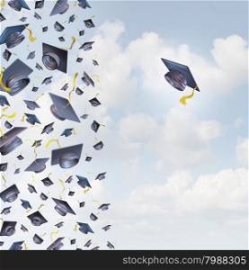 Individual education concept or individualized learning plan symbol as a group of mortar hats or graduation caps flying in the air and a single graduate hat flying alonev in the opposite direction