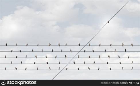 Individual leadership concept and disruptive innovation or independent thinking as a group of birds on a wire with one in the opposite direction as a business symbol for as a different nonconformist maverick in a 3D illustration style.