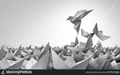 Individualism success and business leadership innovative individual solution and corporate leader symbol or new thinking idea as a game changer innovator as a paper ship transforming into a flying bird in a 3D illustration style.