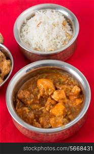 Indo-Chinese chili garlic chicken, a North Indian fusion food from Kolkata, with rice