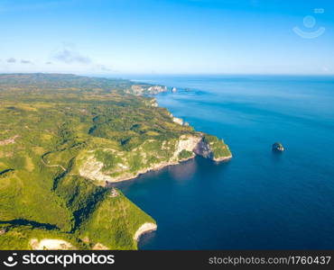 Indonesia. A large tropical island overgrown with jungle. Rocky shore of the ocean. Horizon of the boundless ocean. Aerial view. Rocky Shore of the Tropical Island and Horizon. Aerial View