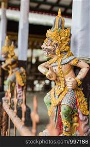 Indonesia Bali Sept 20 2019, Closeup of Balinese God statue in temple complex, hindu god statue colorful. Indonesia Bali Sept 20 2019, Closeup of Balinese God statue in temple complex, hindu god statue