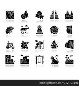 Indonesia drop shadow black glyph icons set. Tropical country animals. Trip to Indonesian islands. Exotic culture. Unique fruits, plants. Nature and architecture wonders. Isolated vector illustrations