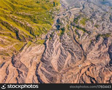 Indonesia. Java island. The path to the caldera of the active volcano Bromo. Aerial View. Many Tourists on the Trail to the Volcano. Aerial View
