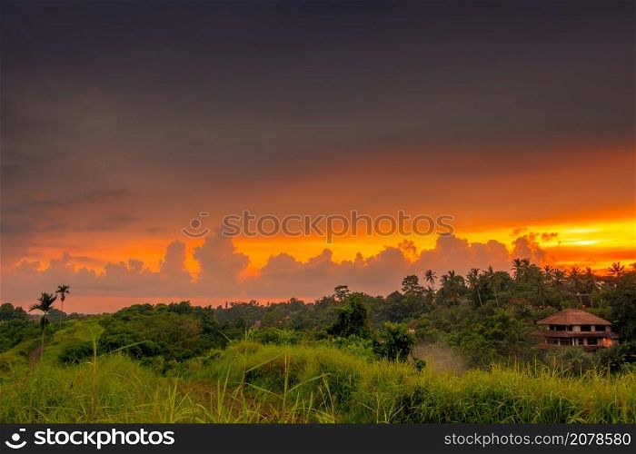 Indonesia. Rainforest and house at sunset. Beautiful clouds on the horizon. Sunset Clouds over Rainforest
