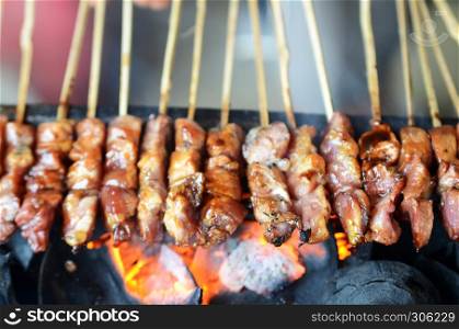 Indonesian grilled bbq meats in wooden skewers
