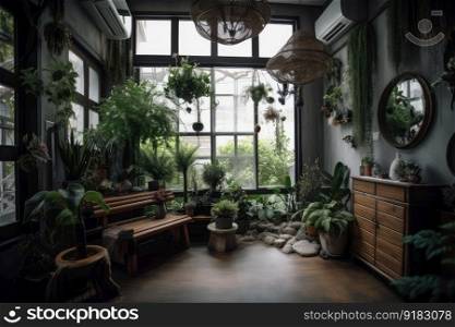 indoor garden with variety of plants and greenery, perfect for decoration or inspiration, created with generative ai. indoor garden with variety of plants and greenery, perfect for decoration or inspiration