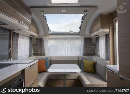 indoor of new expensive caravan with big roof window. indoor of new expensive caravan
