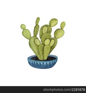 Indoor plant watercolor illustration. Home plants, cactus in a blue pot. Hand drawn.