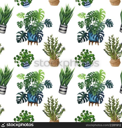 Indoor plant watercolor seamless pattern. Home plants, fig tree, ZZ Plant (Zamioculcas), Snake Plant (Sansevieria), Fiddle Leaf Fig, missionary plants, ficus, monstera in a pot.