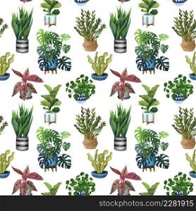 Indoor plant watercolor seamless pattern. Home plants, fig tree, ZZ Plant (Zamioculcas), Snake Plant (Sansevieria), Fiddle Leaf Fig, missionary plants, ficus, monstera in a pot.