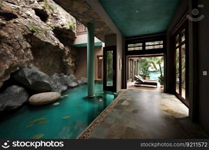 indoor pool surrounded by natural stone in beachfront villa interior, created with generative ai. indoor pool surrounded by natural stone in beachfront villa interior