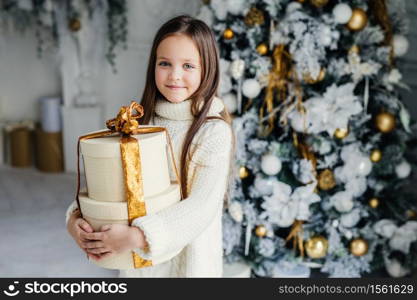 Indoor shot of adorable cute pretty small female child wears warm knitted clothes, holds huge wrapped present gift, recieves from Santa Claus, stands near decorated beautiful New Year tree