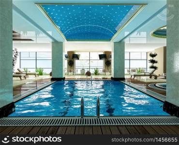 indoor swimming pool and wooden deck relax design idea