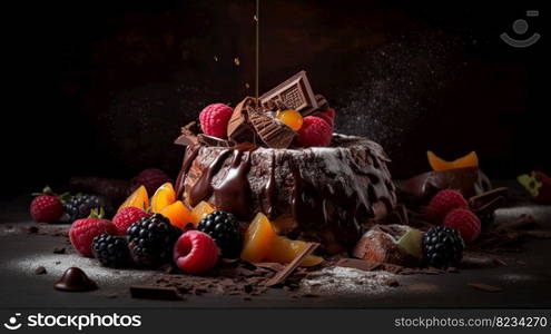 Indulge in a fruity chocolate dessert that packs an explosion of flavor. Captured in a food photography style on a dark backdrop by generative AI