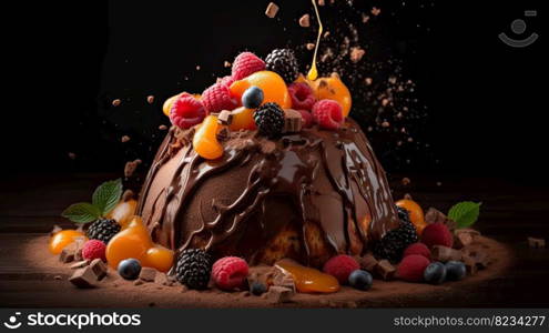 Indulge in a fruity chocolate dessert that packs an explosion of flavor. Captured in a food photography style on a dark backdrop by generative AI