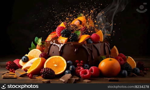 Indulge in a fruity chocolate dessert that packs an explosion of flavor. Captured in a food photography style on a dark backdrop by generative AI