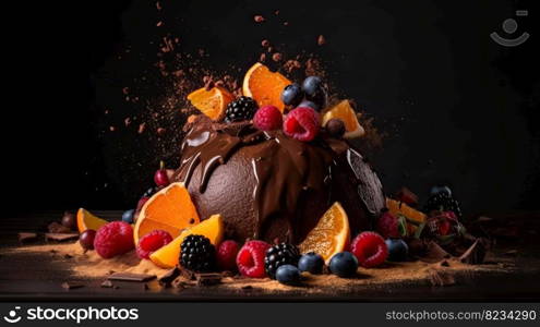 Indulge in a fruity chocolate dessert that packs an explosion of flavor. Captured in a food photography style on a dark backdrop by generative AI