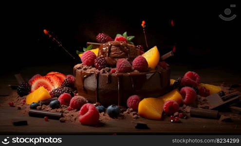 Indulge in a fruity chocolate dessert that packs an explosion of flavor. Captured in a food photography style on a dark backdrop by generative AI