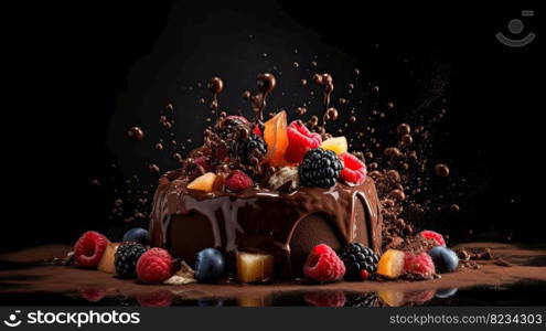 Indulge in a fruity chocolate dessert that packs an explosion of flavor. Captured in a food photography style on a dark backdrop by generative AI