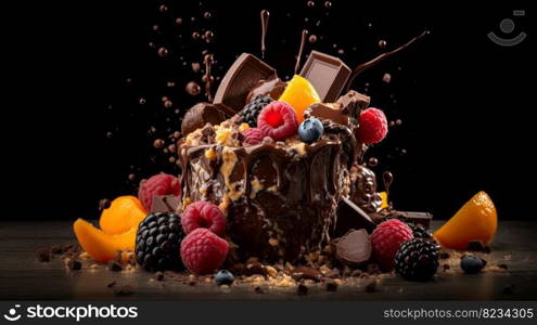 Indulge in a fruity chocolate dessert that packs an explosion of flavor. Captured in a food photography style on a dark backdrop by generative AI