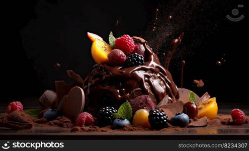 Indulge in a fruity chocolate dessert that packs an explosion of flavor. Captured in a food photography style on a dark backdrop by generative AI