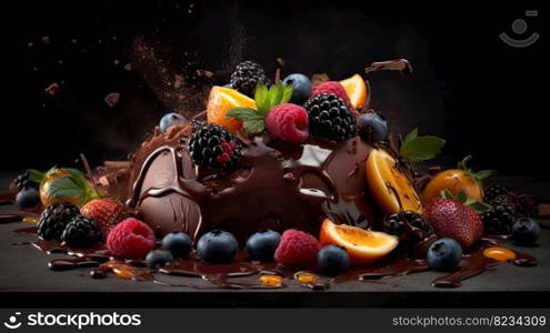 Indulge in a fruity chocolate dessert that packs an explosion of flavor. Captured in a food photography style on a dark backdrop by generative AI