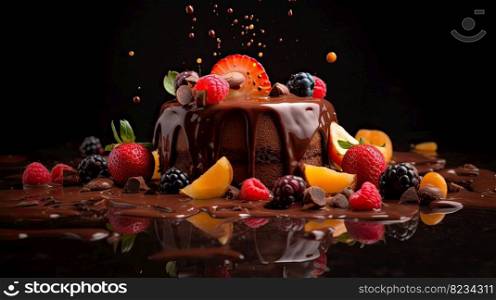 Indulge in a fruity chocolate dessert that packs an explosion of flavor. Captured in a food photography style on a dark backdrop by generative AI