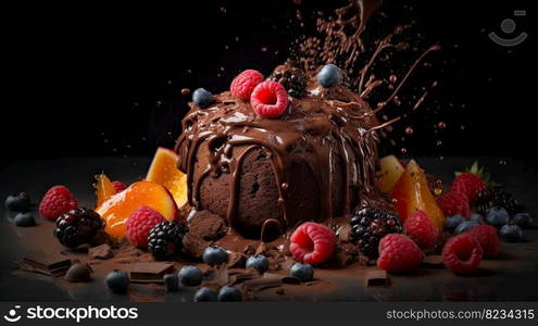 Indulge in a fruity chocolate dessert that packs an explosion of flavor. Captured in a food photography style on a dark backdrop by generative AI