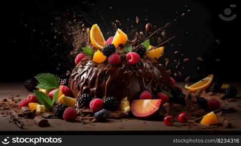 Indulge in a fruity chocolate dessert that packs an explosion of flavor. Captured in a food photography style on a dark backdrop by generative AI