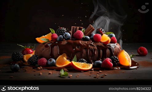 Indulge in a fruity chocolate dessert that packs an explosion of flavor. Captured in a food photography style on a dark backdrop by generative AI