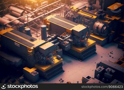 Industrial assembly workshop or factory hangar. Machinery background with plant interior. Industry warehouse. Generated AI. Industrial assembly workshop or factory hangar. Machinery background with plant interior. Industry warehouse. Generated AI.