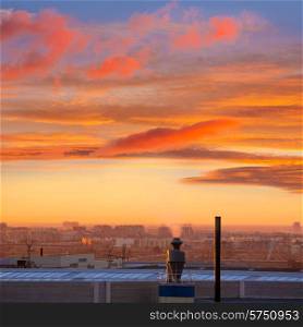 Industrial chimney at sunrise in Paterna Valencia at Spain