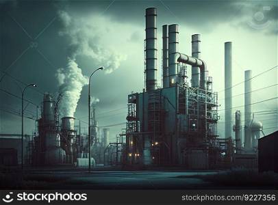 Industrial complex and oil refinery with smokestacks illustration. AI generative.