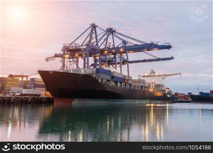 Industrial Container Cargo freight ship with working crane bridge