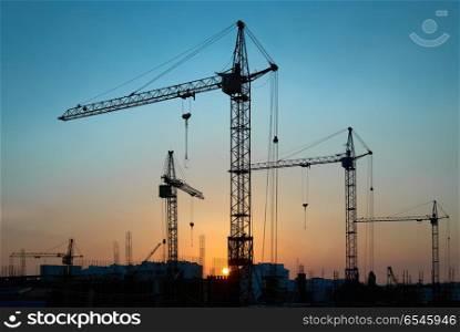 Industrial cranes. Industrial landscape with silhouettes of constraction cranes on dramatic sunset background