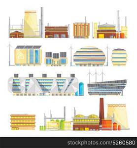 Industrial Eco Waste Solutions Flat Icons Collection . Eco friendly industrial facilities sustainable waste disposal with converting it into energy flat icons collection isolated vector illustration