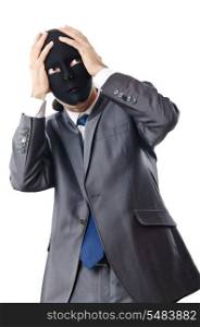 Industrial espionage concept with masked businessman