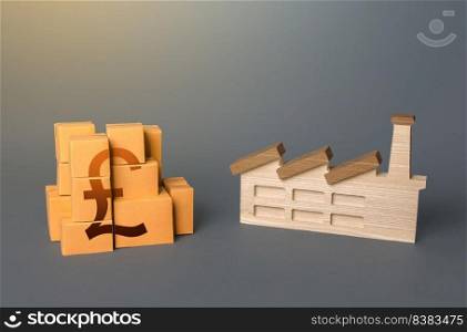 Industrial factory and british pound sterling product boxes. National economy, domestic production of goods. Logistic transportation. Support manufactures. Investment in expansion of production.