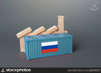 Industrial factory and container with russian goods. Trade with the Russian Federation. Transportation and freight. Sanctions and embargo. Product boycott. Economy and industry.