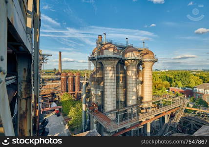 Industrial factory in Duisburg, Germany. Public park Landschaftspark, landmark and tourist attraction.