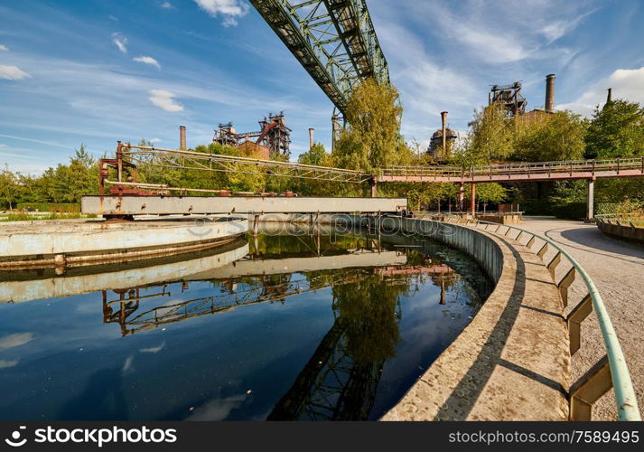 Industrial factory in Duisburg, Germany. Public park Landschaftspark, landmark and tourist attraction.