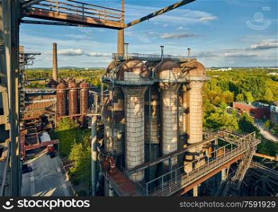 Industrial factory in Duisburg, Germany. Public park Landschaftspark, landmark and tourist attraction.