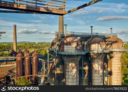 Industrial factory in Duisburg, Germany. Public park Landschaftspark, landmark and tourist attraction.