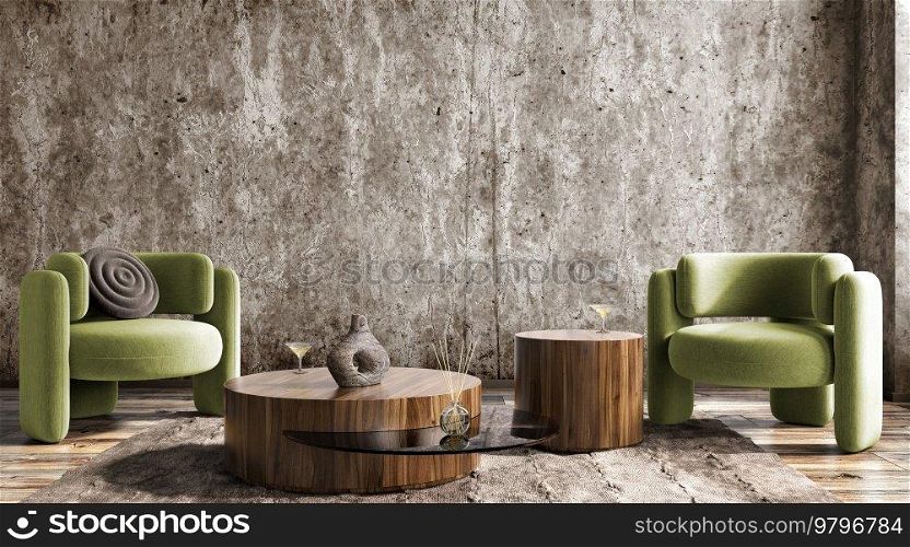 Industrial interior design of modern apartment, living room with green armchairs, room with dark concrete wall, loft stylish home design 3d rendering
