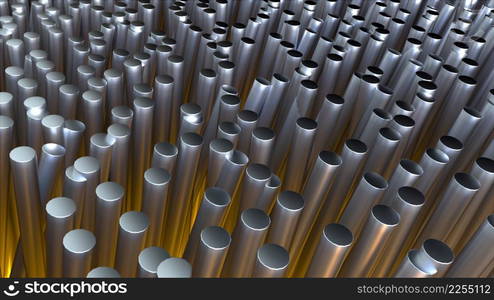 Industrial landscape from forest 3d render vertical steel pipes. Shiny metallurgy in various lengths with creative modern decor. Sturdy aluminum poles in random position and tilt. Industrial landscape from forest 3d render vertical steel pipes. Shiny metallurgy in various lengths with creative modern decor. Sturdy aluminum poles in random position and tilt.. Metallic cylindrical tubes abstract background.