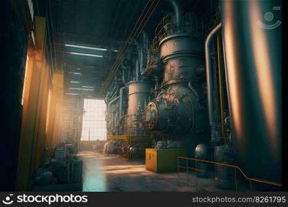 Industrial plant interior with many pipes and machinery. Neural network AI generated art. Industrial plant interior with many pipes and machinery. Neural network generated art