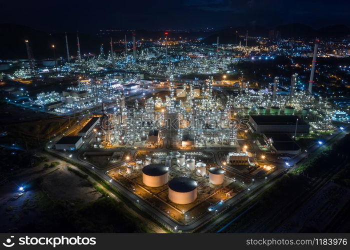 industrial plants refinery product oil and gas in laem chabang Thailand at night aerial view