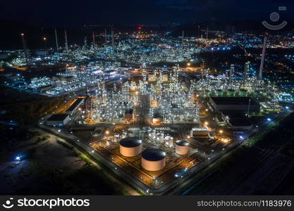 industrial plants refinery product oil and gas in laem chabang Thailand at night aerial view